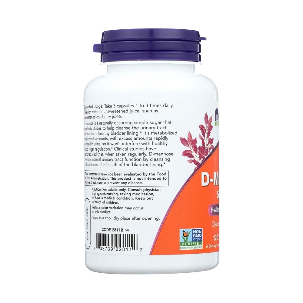 NOW Foods Supplements, D-Mannose 500 mg, Non-GMO Project verify, Healthy Urinary Tract* 120 Caps 500 mg