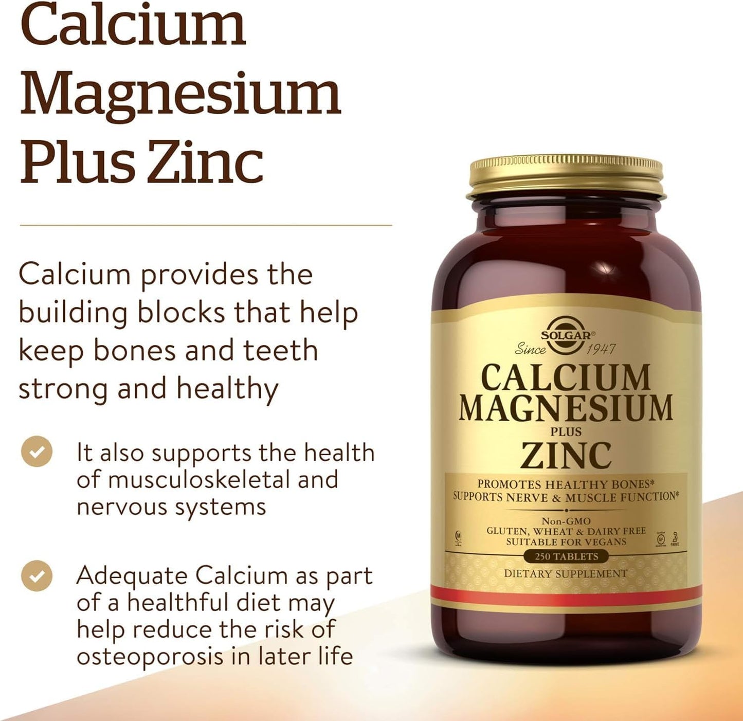 Solgar Calcium Magnesium Plus Zinc, 250 Tablets - Nagtataguyod ng Malusog na Buto at Ngipin - Sinusuportahan ang Nerve at Muscle Function