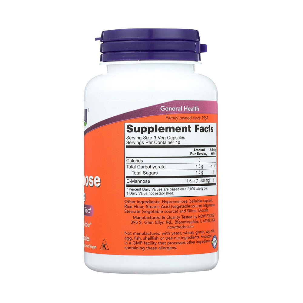 NOW Foods Supplements, D-Mannose 500 mg, Non-GMO Project verify, Healthy Urinary Tract* 120 Caps 500 mg