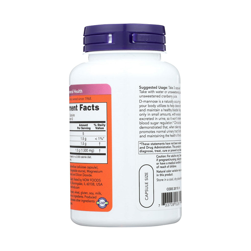 NOW Foods Supplements, D-Mannose 500 mg, Non-GMO Project verify, Healthy Urinary Tract* 120 Caps 500 mg