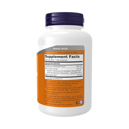 NOW Foods Supplements, Glutathione 500 mg, with Milk Thistle Extract & Alpha Lipoic Acid, Free Radical Neutralizer*, 120 Veg Capsules, Beige