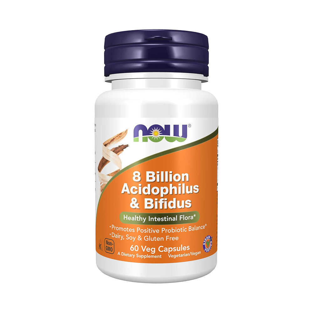 NOW Foods Supplements, 8 Billion Acidophilus & Bifidus, Dairy, Soy at Gluten Free, Strain Verified, 60 Veg Capsules 