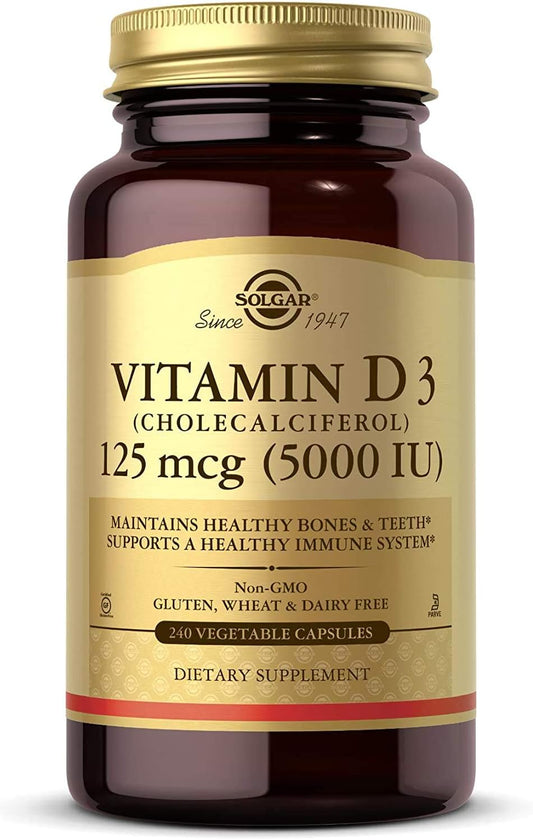 Solgar Vitamin D3 (Cholecalciferol) 125 mcg (5000 IU), 240 Vegetable Capsules - Helps Maintain Healthy Bones & Teeth - Immune System Support