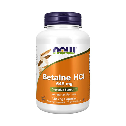 NOW Foods Supplements, Betaine HCl 648 mg, Vegetarian Formula, Digestive Support*, 120 Veg Capsules