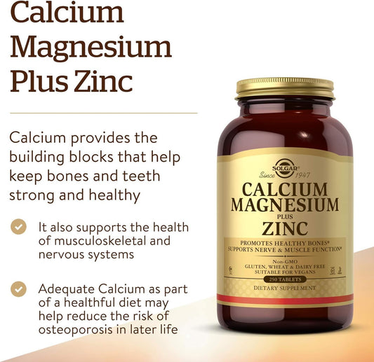 Solgar Calcium Magnesium Plus Zinc, 250 Tablets - Promotes Healthy Bones and Teeth - Supports Nerve & Muscle Function