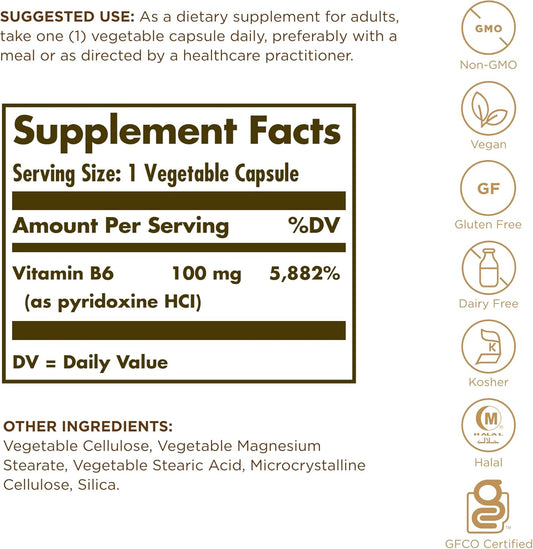 Solgar Vitamin B6 100 mg, 250 Vegetable Capsules - Supports Energy Metabolism, Heart Health & Healthy Nervous System - Non-GMO, Vegan, Gluten Free, Dairy Free, Kosher, Halal - 250 Servings