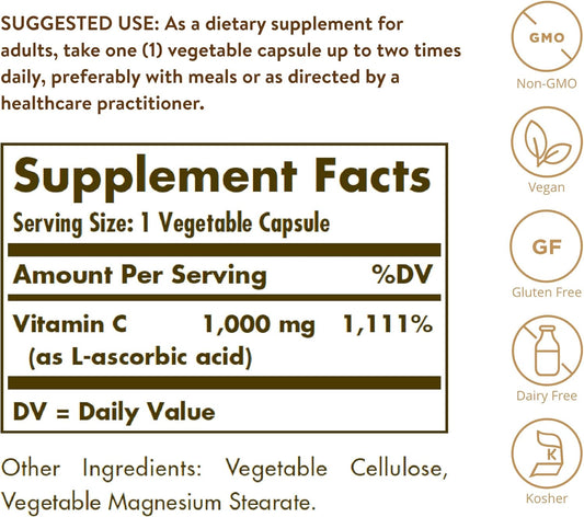 Solgar Vitamin C 1000 mg, 100 Vegetable Capsules - Antioxidant & Immune Support - Overall Health - Healthy Skin & Joints - Bioflavonoids Supplement - Non-GMO, Vegan, Gluten Free, Kosher - 100 Servings