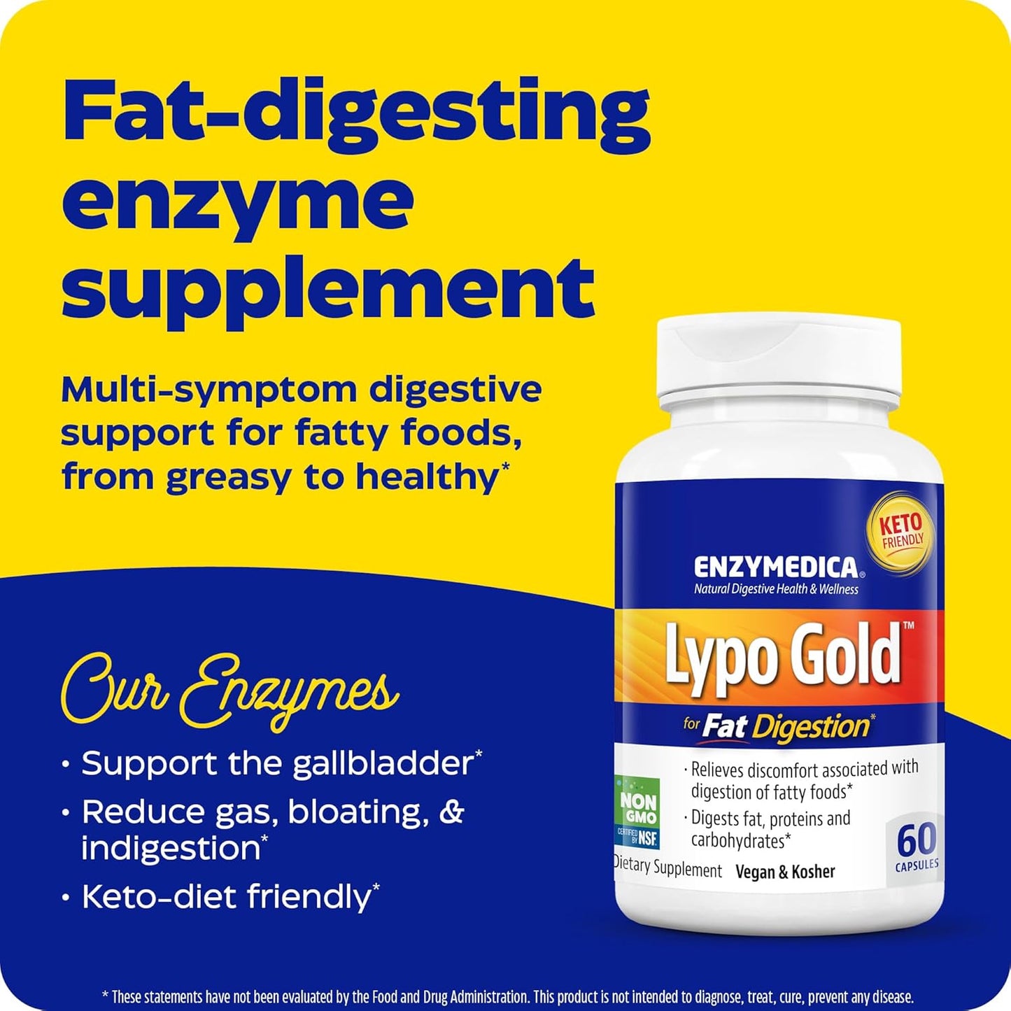Enzymedica Lypo Gold, Digestive Enzymes for Fat Digestion, Offers Fast Acting Gas & Bloating Relief, 120 Counts
