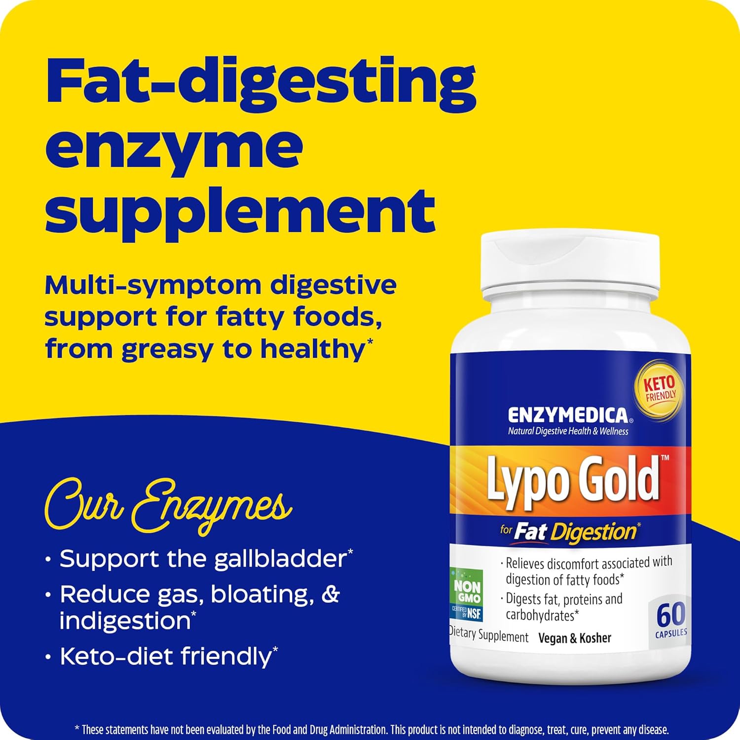 Enzymedica Lypo Gold, Digestive Enzymes for Fat Digestion, Offers Fast Acting Gas & Bloating Relief, 120 Counts