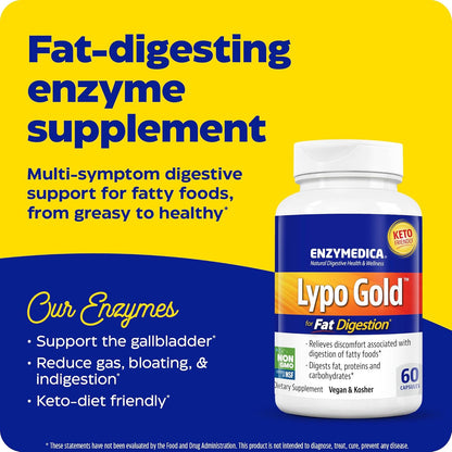 Enzymedica Lypo Gold, Digestive Enzymes for Fat Digestion, Offers Fast Acting Gas & Bloating Relief, 120 Counts