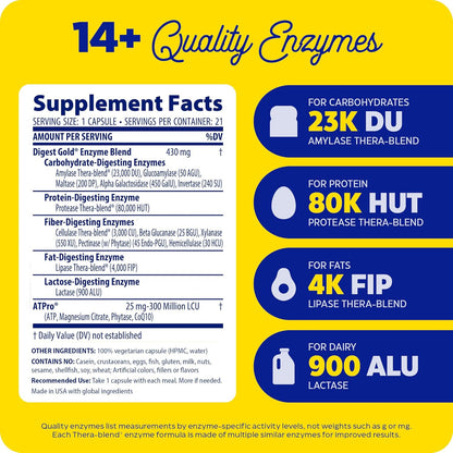 Enzymedica Digest Gold + ATPro, Maximum Strength Enzyme Formula, Prevents Bloating and Gas, 21 Capsules (FFP)