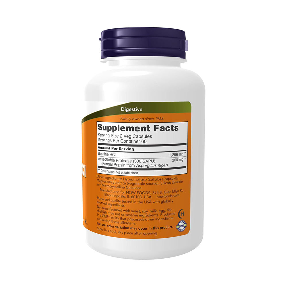 NOW Foods Supplements, Betaine HCl 648 mg, Vegetarian Formula, Digestive Support*, 120 Veg Capsules