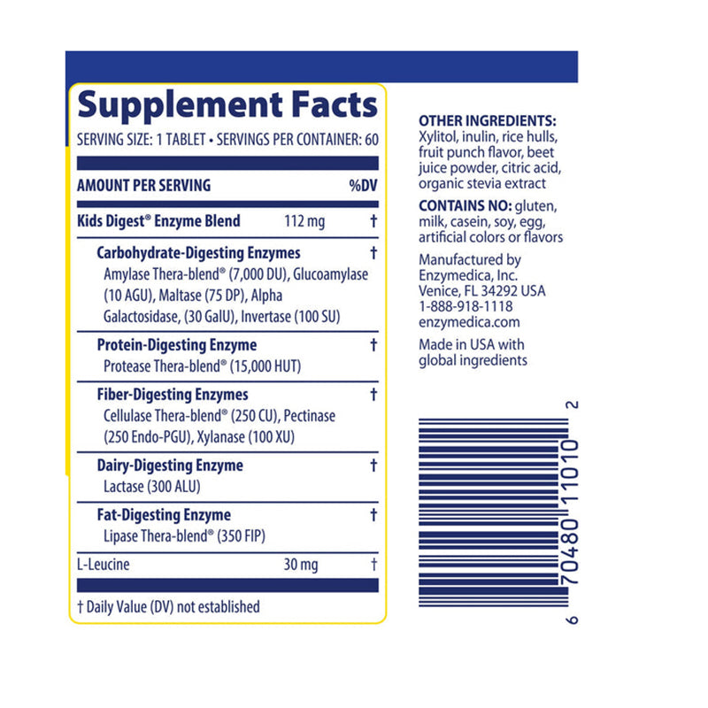 Enzymedica Kids Digest, Chewable Digestive Enzymes, Natural Fruit Punch Flavor, 60 Servings